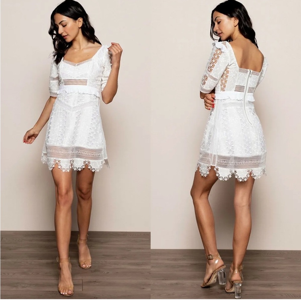 $374 FOR LOVE & LEMONS Amandine Dress White Lace Ruffle Mini Sz S NWT